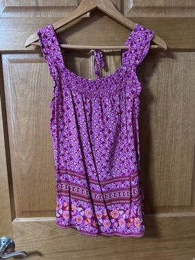 Staccato Pink Floral Smocked Tank with Border Print